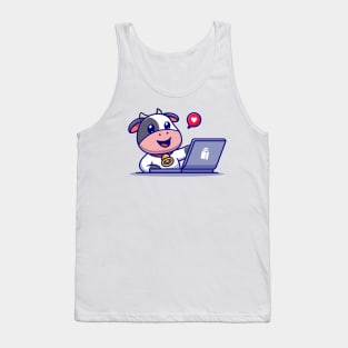 Cute Cow Working On Laptop Cartoon Tank Top